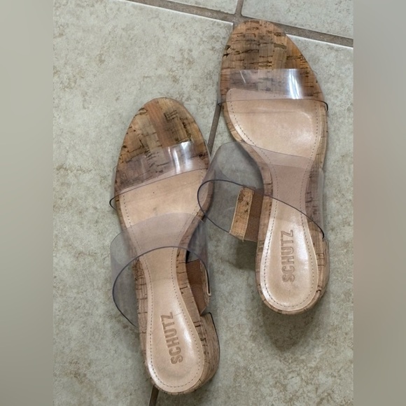 SCHUTZ Shoes - SCHUTZ Clear Strap Cork Slide Sandals in Natural/Tan